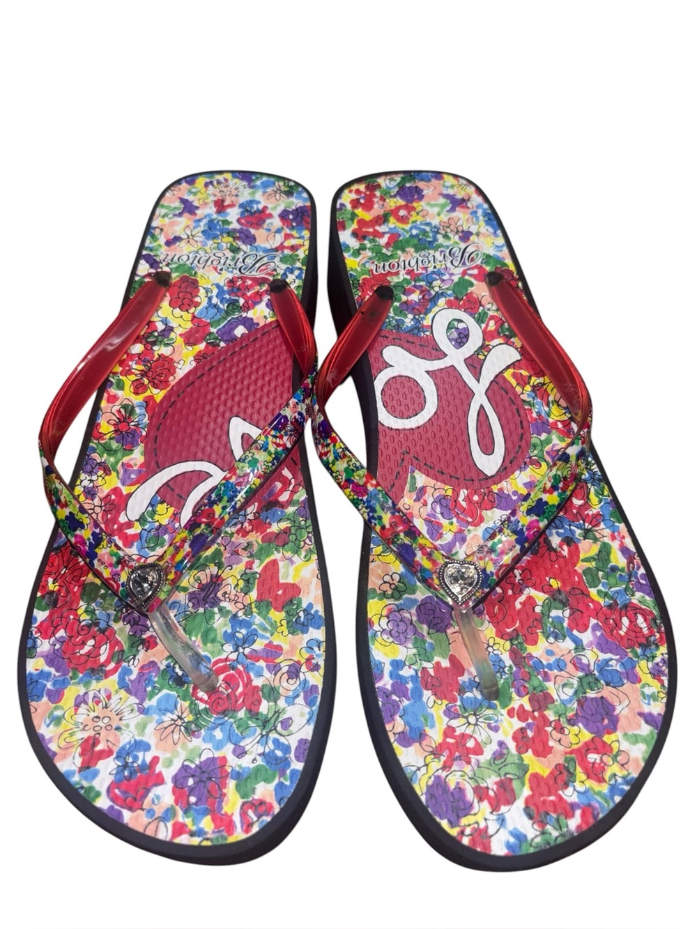 Brighton women’s 9 posies wedge flip flops rhinestone heart colorful Like new